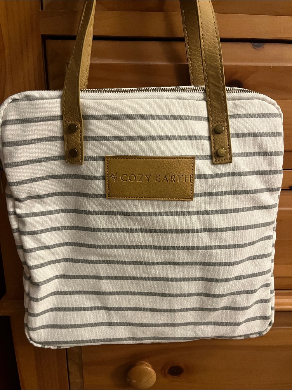 Cozy Earth Striped Canvas Tote in White and Gray with Tan Trim